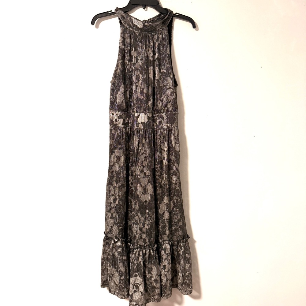 Michael Kors Metallic Floral Print Midi Dress Halter Neck‎ Flowy Ruffle Hem M - Picture 2 of 15